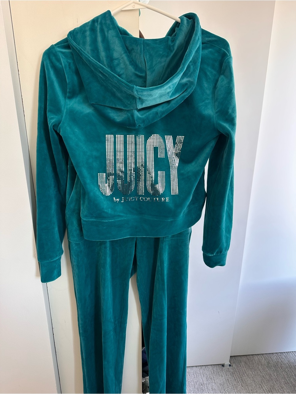 Juicy Couture Teal Velour Hoodie & Pants Set with Rhinestone Logo